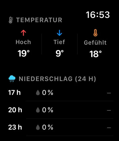 Niederschlag der nächsten 24 Stunden in der Wetter-Ultra-App auf der Apple Watch